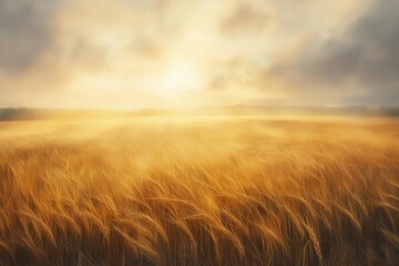 Fototapeta premium ethereal sunrise over golden wheat fields, misty atmosphere with rays of light filtering through clouds, impressionistic brushstrokes creating dreamy pastoral scene