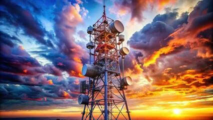 Communication Tower: Antenna Repeater on Pylon against Cloudy Sky
