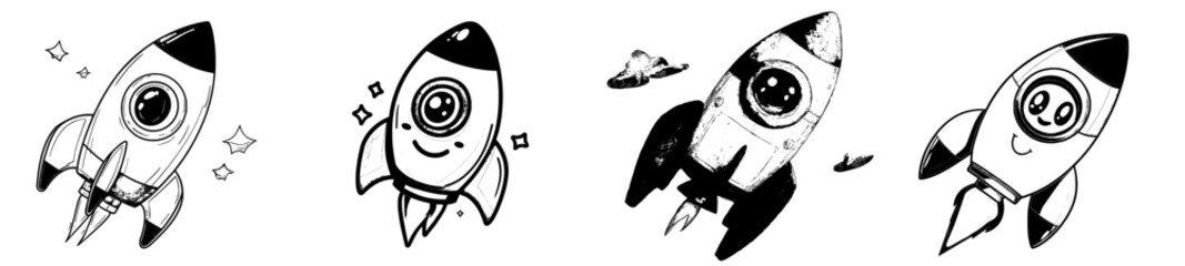 A groovy cartoon space rocket character is depicted, isolated and modern, with an anthropomorphic ship launch that features a smile and a rainbow trail, embodying the psychedelic aesthetics of retro