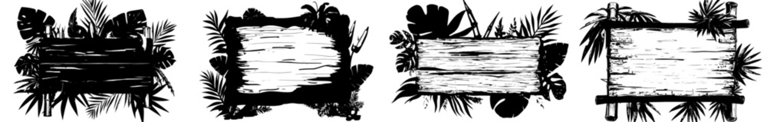 A bamboo frame with a tropical jungle setting, complete with lianas and leaves, alongside a modern wooden signboard adorned with green vines and Amazonian foliage