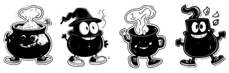 A cheerful, anthropomorphic cauldron wearing sneakers and gloves is depicted walking happily with a joyful face, as steam rises from its open top, symbolizing a fun and lively character for travel