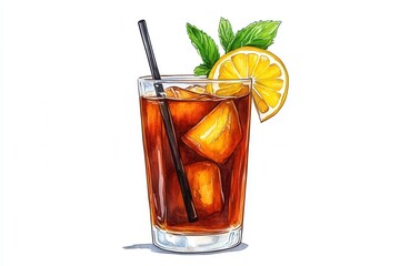 Detailed Watercolor Illustration Of An Iced Cocktail drink illustration beverage graphic art