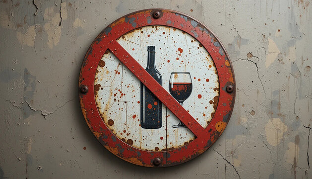 old weathered no alcohol sign mounted concept damaged or aged concrete wall antigua se&ntilde;al de prohibido el alcohol montada concepto muro de hormig&oacute;n da&ntilde;ado o envejecido