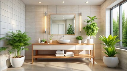 Fototapeta premium Modern Bathroom with Stylish Mirror Reflection, Clean and Bright Interior Design