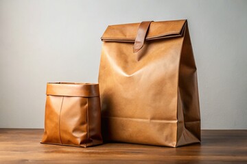 Modern Minimalist Brown Leather Bag with Paper Bag & Ziplock Closure - Stock Photo