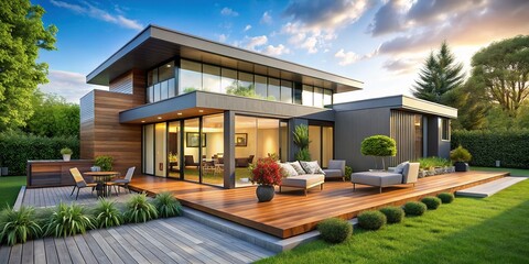 Fototapeta premium Modern Minimalist Home Exterior with Spacious Deck and Lush Greenery