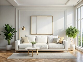 Modern Minimalist Living Room Interior Mockup with White Walls and Framed Artwork Above Sofa