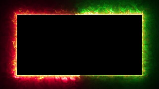 Glowing neon border frame &ndash; red and green light rectangle & square on black background