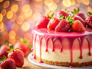 Pink Liquid Dripping Strawberry Cake Background - Delicious Dessert Stock Photo