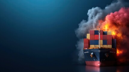 A powerful scene of a container ship engulfed in smoke and flames, representing urgency and danger while reflecting on challenges faced by the shipping industry in our modern times.