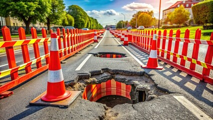 Road Construction Warning: Pothole Repair with Red Ribbon Fence