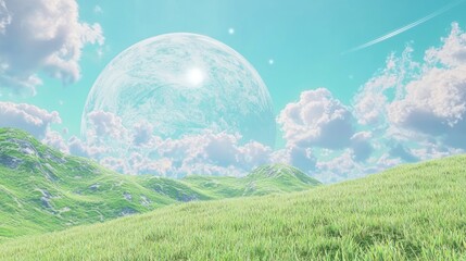 Obraz premium Tranquil Pastel Meadow Under a Large Planet and Soft Clouds