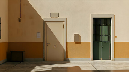 Sunlight Illuminates Beige Building Exterior with Green Metal Door and Beige Door