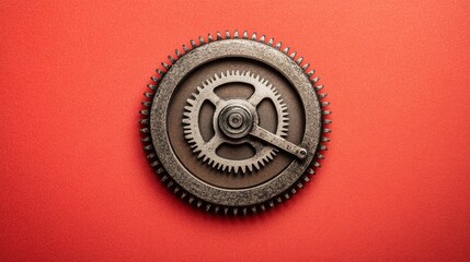 Engraved steel gears with fine detailing on a smooth red backdrop