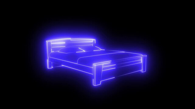 Glowing neon bedstead animation - Vertical blue neon bed frame on black background