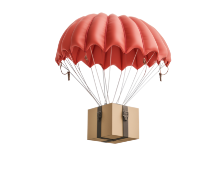 Isolated Red Parachute Delivering Secured Cardboard Box with Black Straps