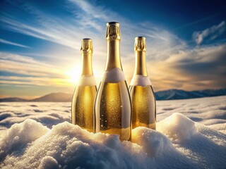 Three Champagne Bottles in Sparkling Winter Snow - Festive Holiday Celebration