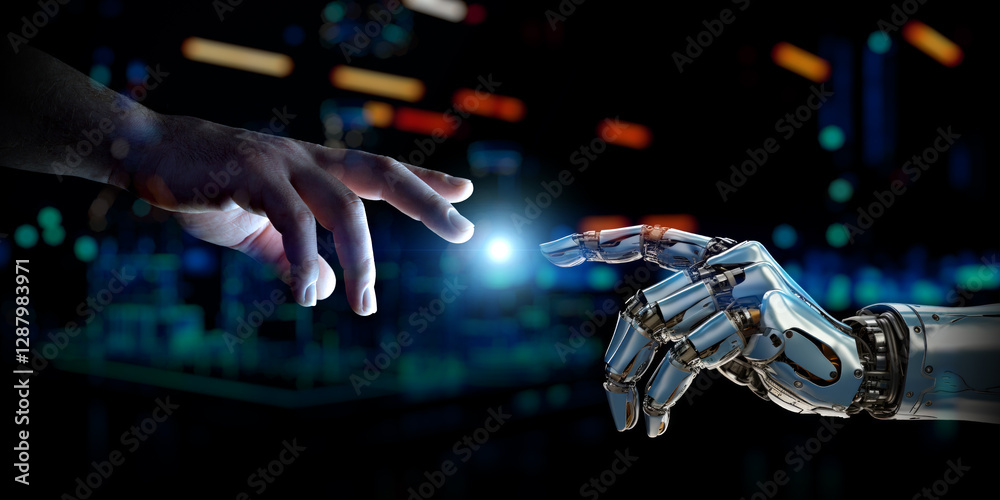 Leinwandbilder man hand connecting to a robot on dark tech background with a blue halo at center. generative ai cyb