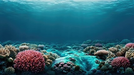 Obraz premium Ocean acidification concept. Vibrant underwater coral reef scene showcasing diverse marine life.