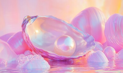 Iridescent pearl in oyster shell on pastel bubbles, dreamlike background