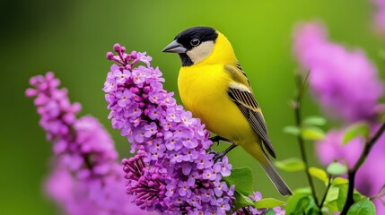 Obraz premium Vibrant yellow bird perched on purple lilac blooms.