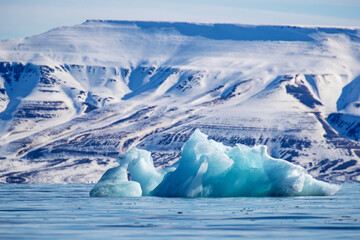 A turquoise iceberg in the cold blue water of the Isfjorden fjord and the snow covered mountains of Svalbard .Tranquil blue sky landscape with pristine snow and cold blue water. © Rixie