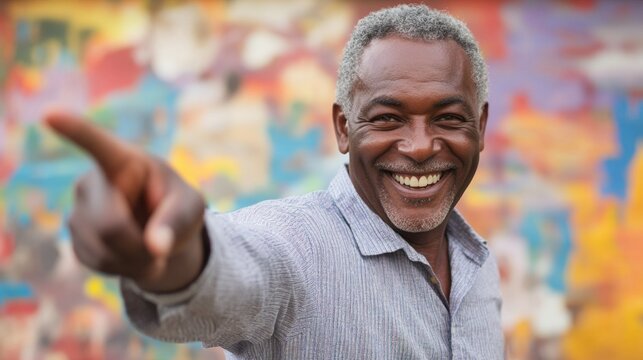 Happy senior man points towards colorful background
