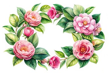 Watercolor Spring Camellia Wreath Frame - Floral Design Element