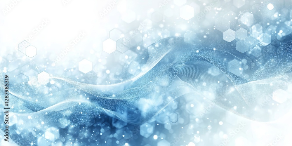 Poster abstract digital background with flowing dots and hexagonal patterns in shades of blue and gray, gen