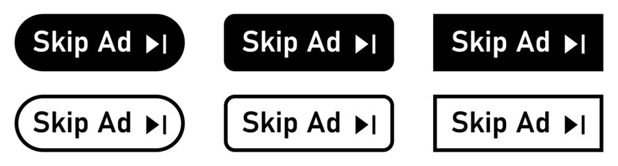 Skip ad buttons vector icon set in black color. Skip advertisement icon. Skip ad button for website. Silhouette and line style. Vector illustration.