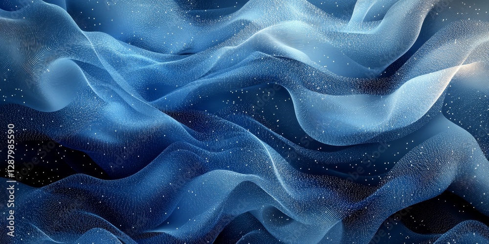 Poster abstract digital background with flowing dots and hexagonal patterns in shades of blue and gray, gen