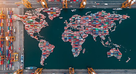 Aerial View of Shipping Containers Arranged as a World Map