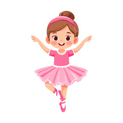 Fototapeta premium Cute little ballerina girl dancing in pink dress vector illustration in cartoon style