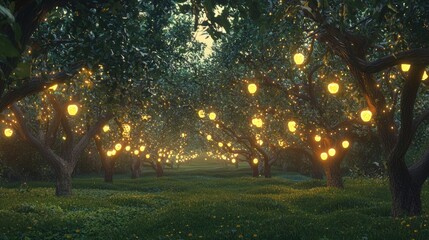 Fototapeta premium Enchanting Orchard with Twinkling Lights and Lush Greenery at Dusk