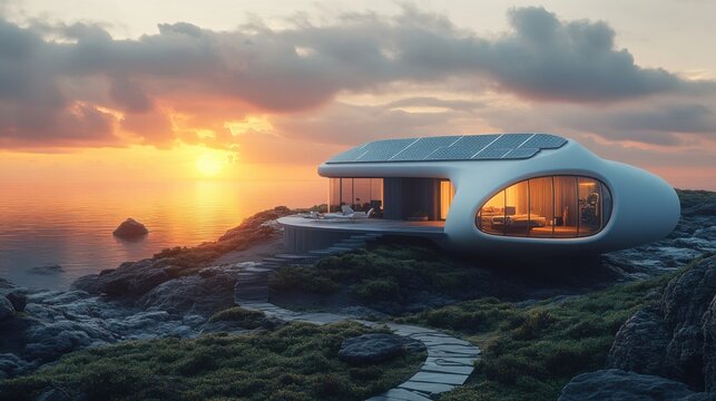 Smart home uses solar cells, solar roof creates clean energy. Futuristic Coastal House at Sunset