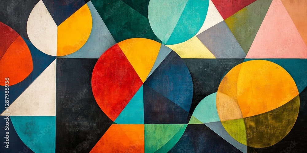Poster abstract art of overlapping colorful triangles and circles forming a bold, dynamic composition, gene