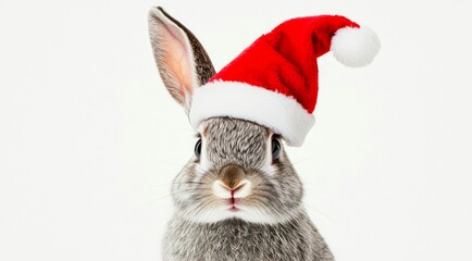 Cute gray bunny in Santa Claus red hat on white background.