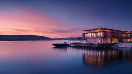 Modern Waterfront Home at Sunset with Scenic Reflection on Water