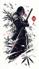 Meditative Samurai Warrior in Bamboo Forest with Katana