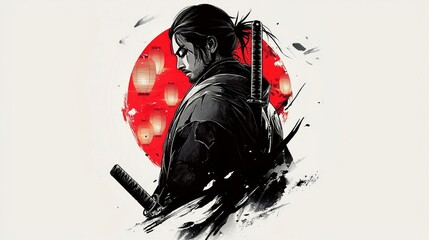 Silhouette of a Samurai Warrior Against a Red Rising Sun with Lanterns