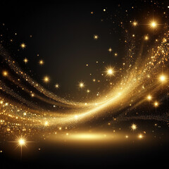 Golden sparkly burst, radiant stardust explosion, shimmering spray effect, festive holiday glitter particles scattered against a dark backdrop.