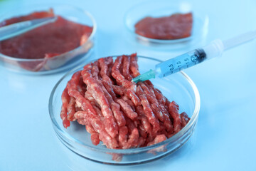 GMO concept. Minced meat and syringe on table in laboratory, closeup