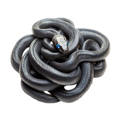 Obraz premium Coiled black snakes tightly intertwined, displaying glossy scales isolated on white transparent background, reptiles or wildlife, symbolizing Chinese Lunar New year