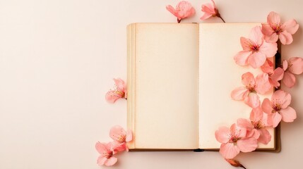 Obraz premium A gentle breeze carries delicate pink blossoms onto the pages of an open book, creating a serene and romantic atmosphere.