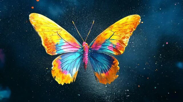 A vibrant, abstract painting of a butterfly with explosive, colorful splatters and liquid effects.