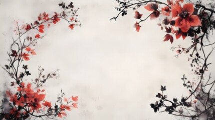 Serene watercolor painting of delicate red blossoms and dark branches against a soft, neutral backdrop.  A minimalist floral design.