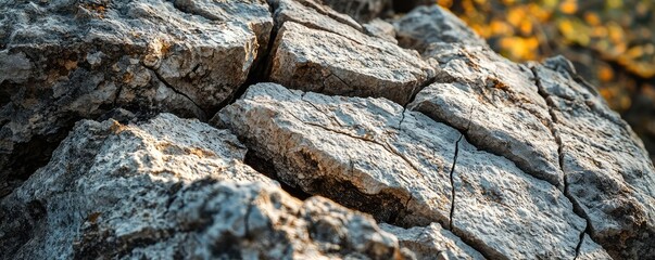 Weathering process concept. Close-up of cracked rock surface with detailed texture and warm autumn background.