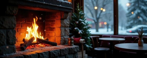 Obraz premium A crackling fire burns in the fireplace as snowflakes fall outside the cafe window, fireplace, flames, lighting