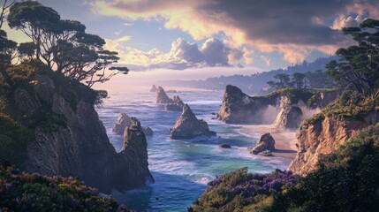 Dramatic Coastal Landscape Ringed By Lush Flora and Calm Waters