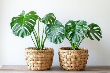 A duo of monstera plants in matching eco-friendly woven baskets, arranged symmetrically for aesthetic appeal.